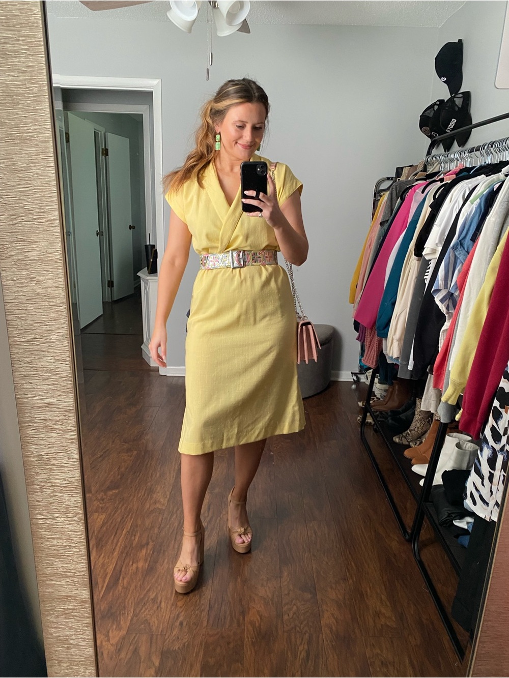 Vintage Yellow V-Neck Midi Dress